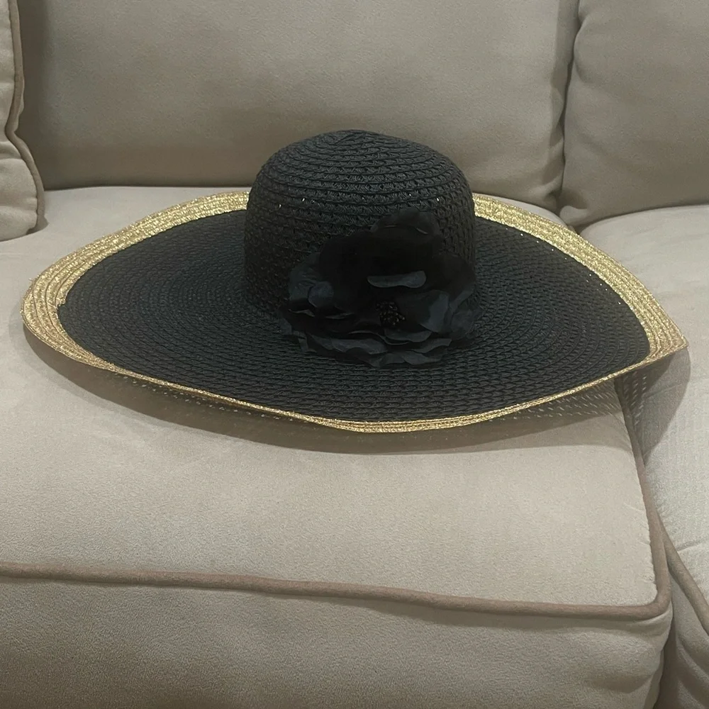 Apt 9 Floppy Straw Beach Sun Hat With Flower Vacation Summer Gold Black One Size - Picture 5 of 8